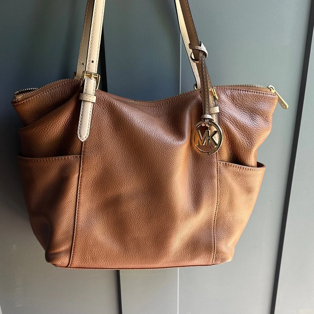 Michael Kors Cognac Pebbled Leather Tote with Gold MK Charm